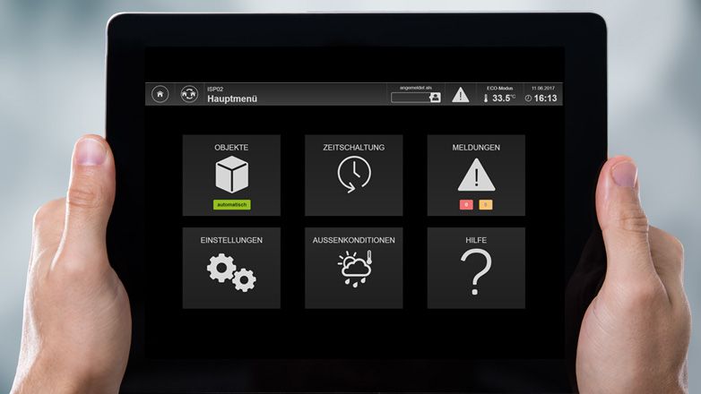 Das Hauptmenü einer Gebäudeautomations-Software mit Optionen zur Steuerung und Überwachung von Systemen.
