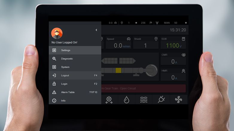 Eine industrielle HMI-Benutzeroberfläche mit einem geöffneten Menü für Benutzereinstellungen.