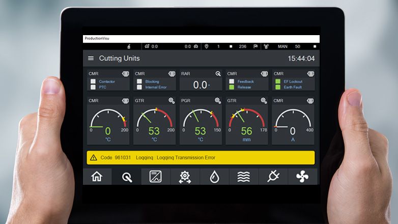 Eine CODESYS HMI-Webvisualisierung für Cutting Units, mit Temperatur- und Positionsanzeigen sowie einer Logging Transmission Error-Meldung.