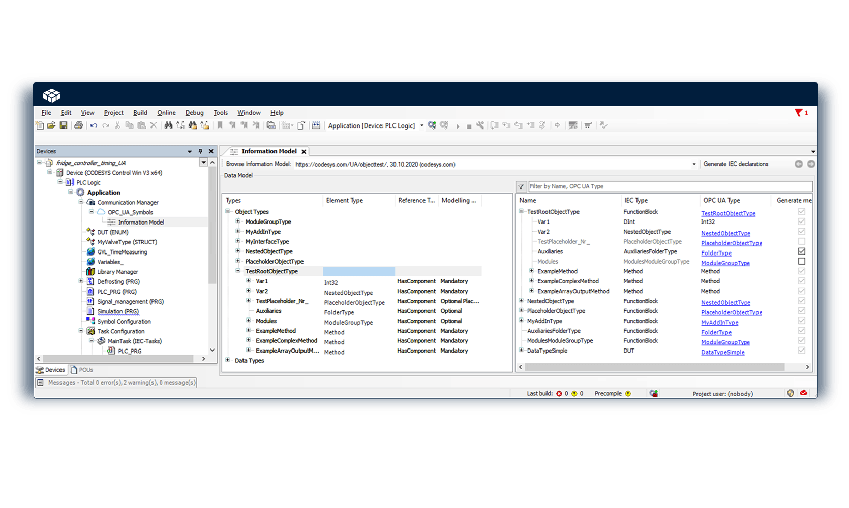 Die CODESYS Entwicklungsumgebung zeigt die OPC UA Informationsmodellierung mit Objekttypen, Methoden und Datenstrukturen für industrielle Steuerungssysteme.