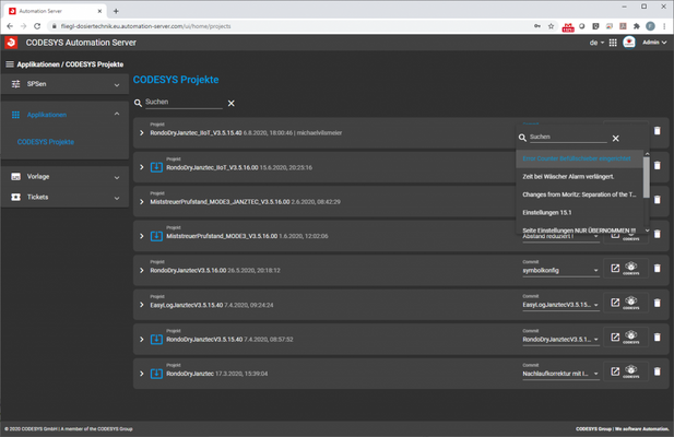 Screenshot CODESYS Automation Server Applikationen