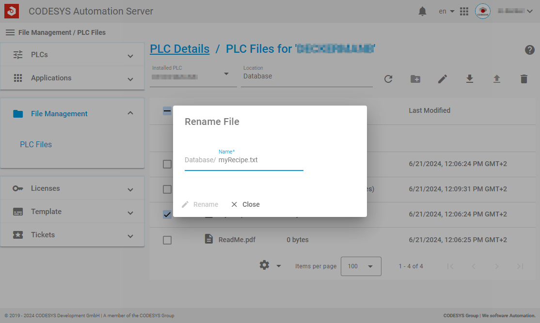 Screenshot CODESYS Automation Server Rename File
